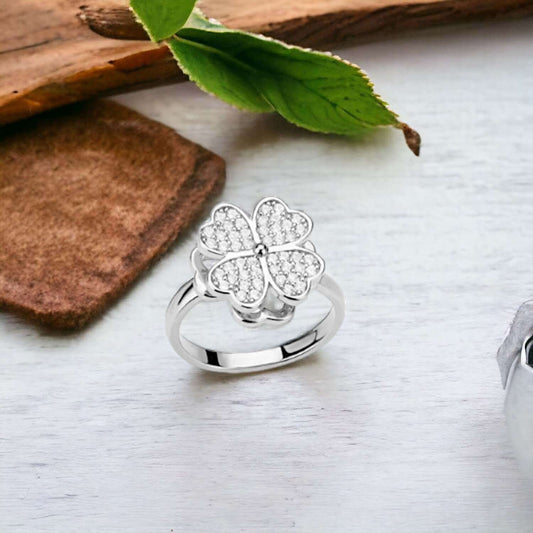 Silver Four Leaf Clover Zircon Rotatable Rings