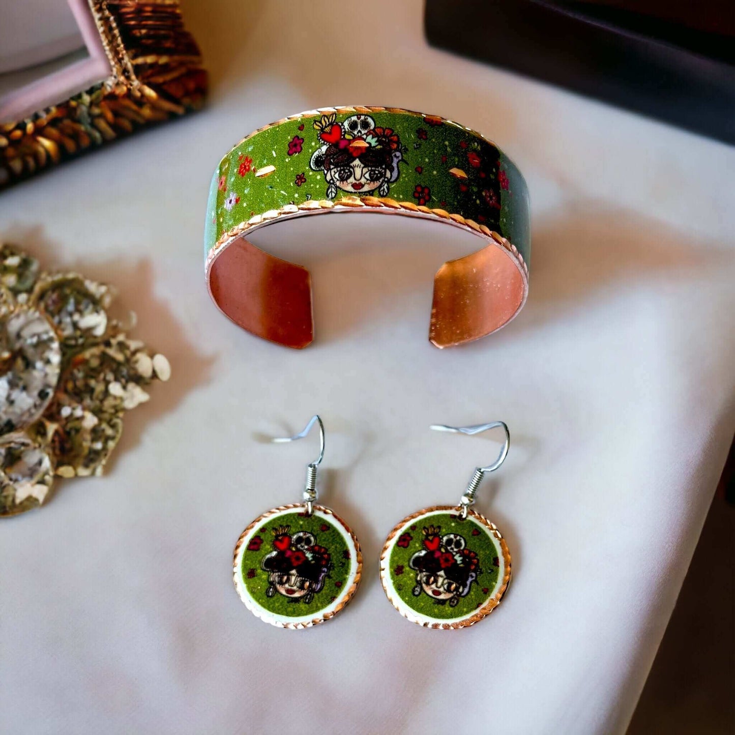 Frida Kahlo Patterned Copper Bracelet Earrings Jewellery Set