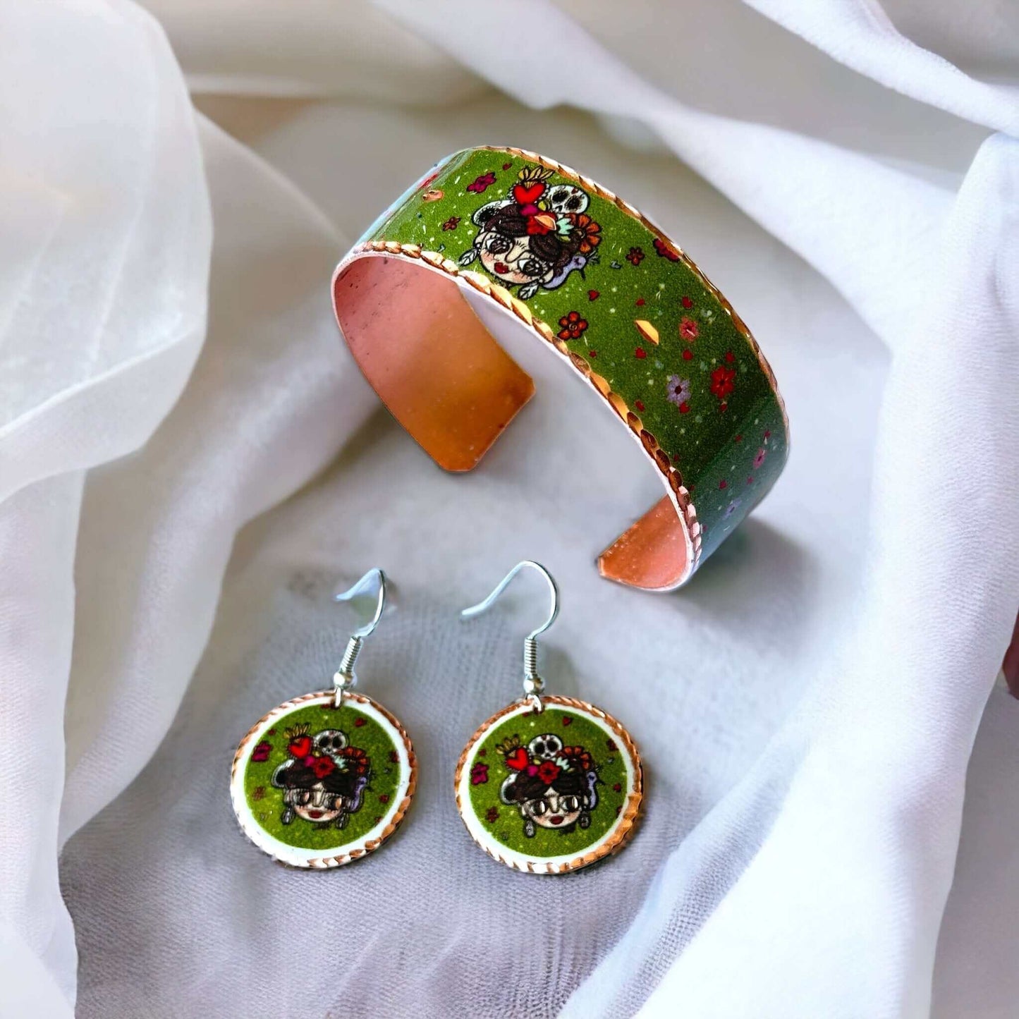 Frida Kahlo Patterned Copper Bracelet Earrings Jewellery Set