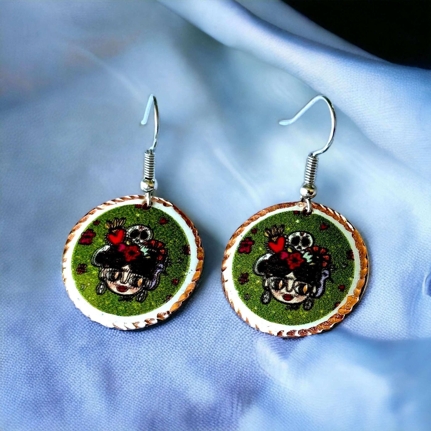 Frida Kahlo Patterned Copper Bracelet Earrings Jewellery Set
