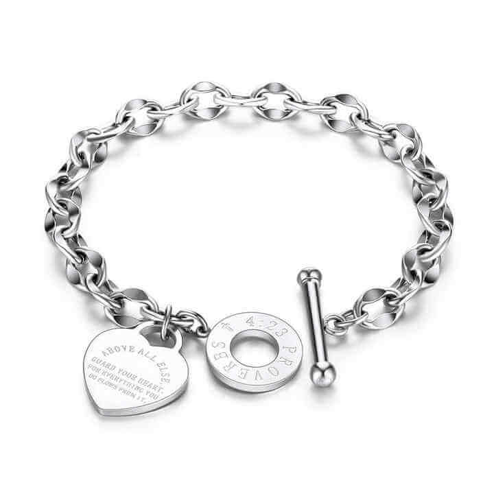 Stainless Steel Chain Bracelet with Heart Charm – Toggle Clasp, Non-Tarnish, Hypoallergenic, 18cm