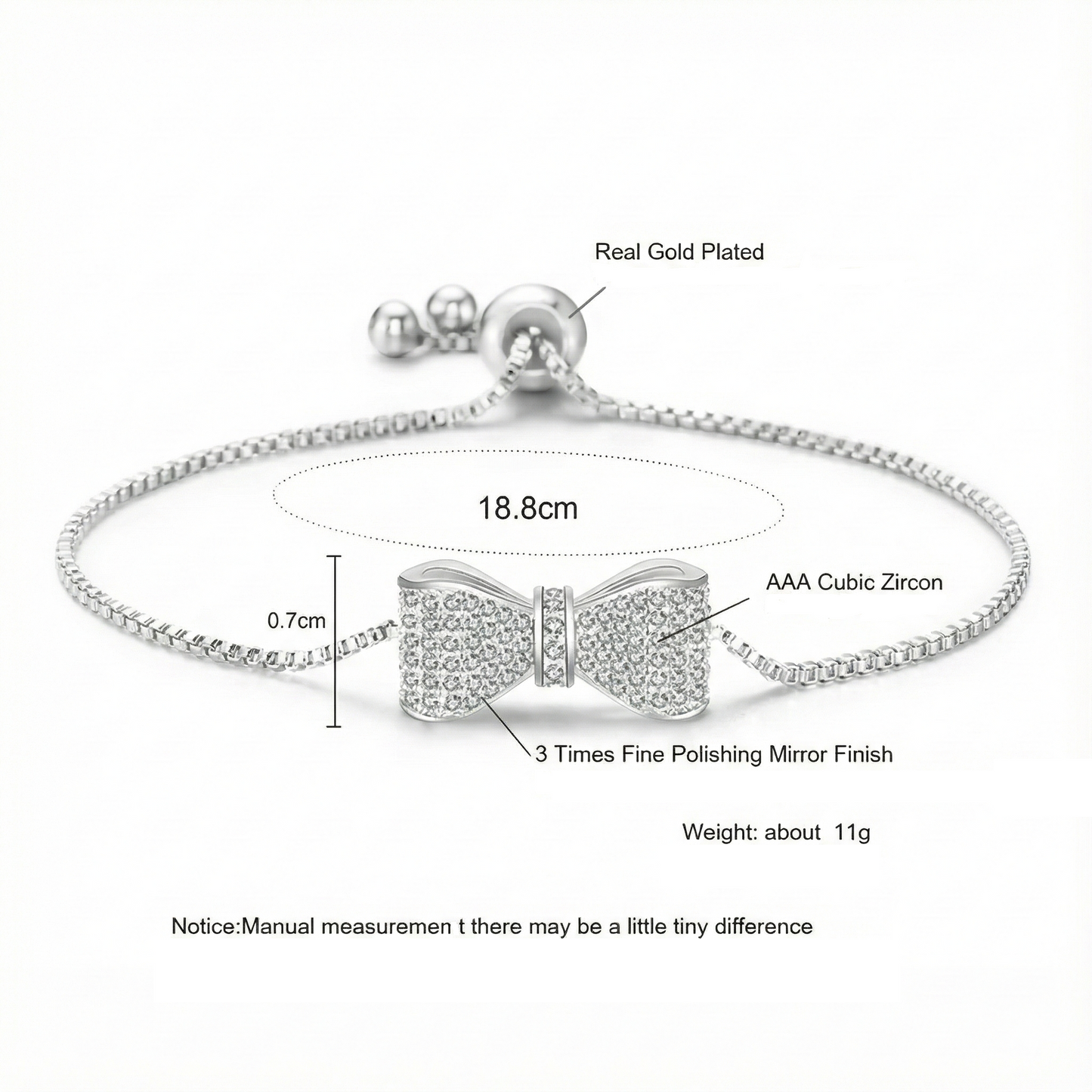 AAA zircon bow bracelet silver adjustable chain jewelry