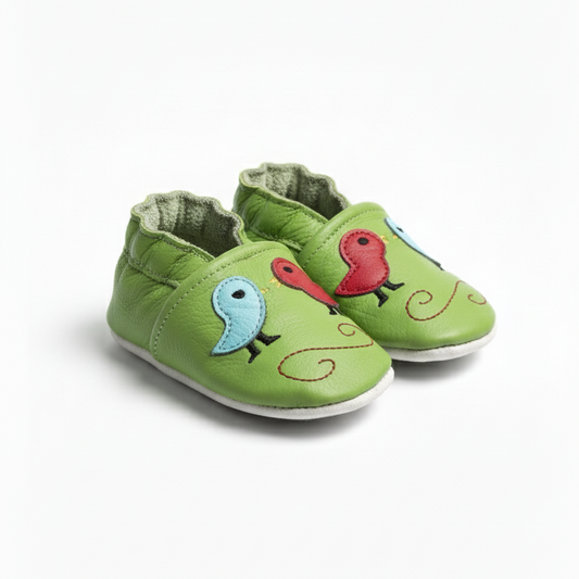 Green leather baby shoes with bird design soft sole booties