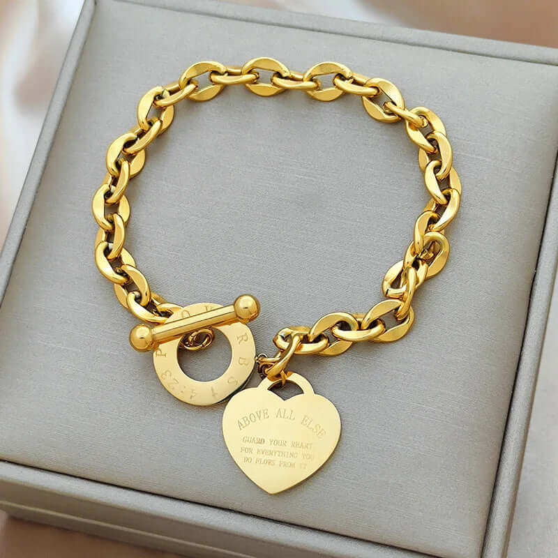 Stainless Steel Chain Bracelet with Heart Charm – Toggle Clasp, Non-Tarnish, Hypoallergenic, 18cm