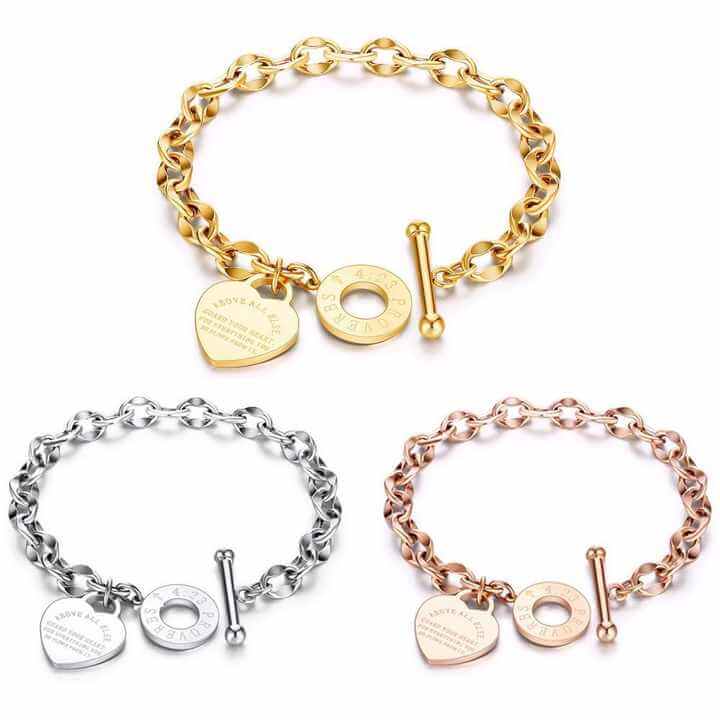 Stainless Steel Chain Bracelet with Heart Charm – Toggle Clasp, Non-Tarnish, Hypoallergenic, 18cm