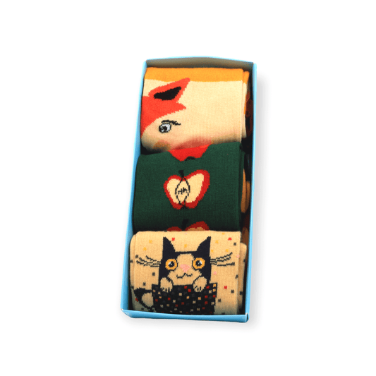 Apple, Fox, Cat In The Cup Box Set Unisex Casual Cotton Socks Footwear