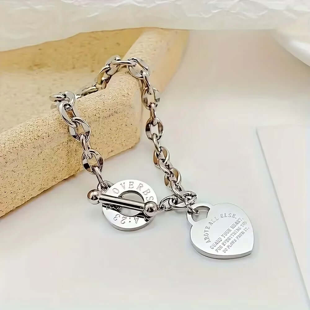 Stainless Steel Chain Bracelet with Heart Charm – Toggle Clasp, Non-Tarnish, Hypoallergenic, 18cm