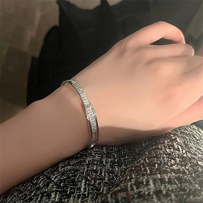 Silver Plated Micro Zircon Open Bangle Bracelet