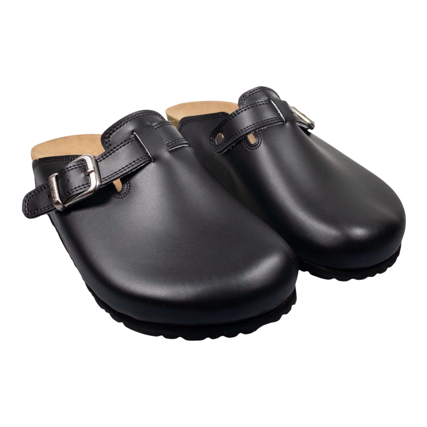 Black Cork Leather Adjustble Strap Clogs Slippers Mules Boston Clogs, Gift for Women and Men, Unisex, Comfy, Handmade, Low Heel