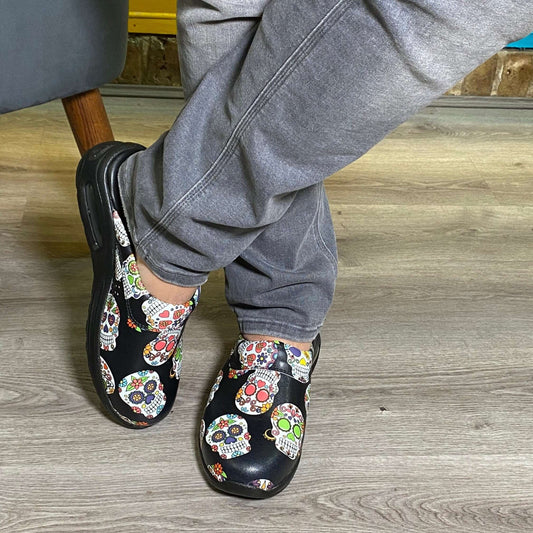 Skull Flower Men’s Women's Leather Clogs Slippers Mules Handmade, High Heel, Platform, Gift for Him, Gift for Men, Slip Resistant