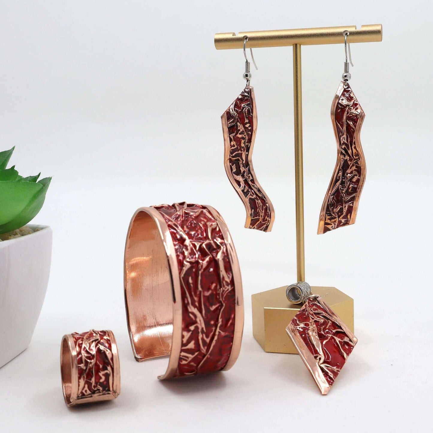 Red Patterned Copper Wrinkled Necklace Earring Adjustable Ring Bracelet Set