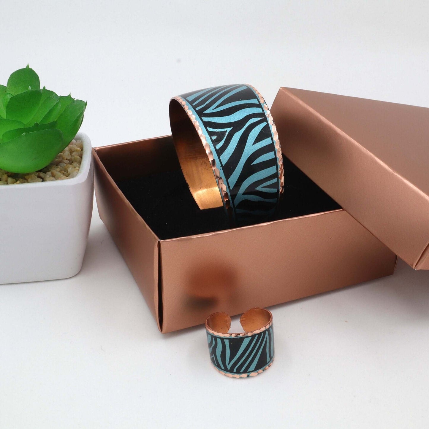 Turquoise Copper Adjustable Ring Bracelet Jewellery Set