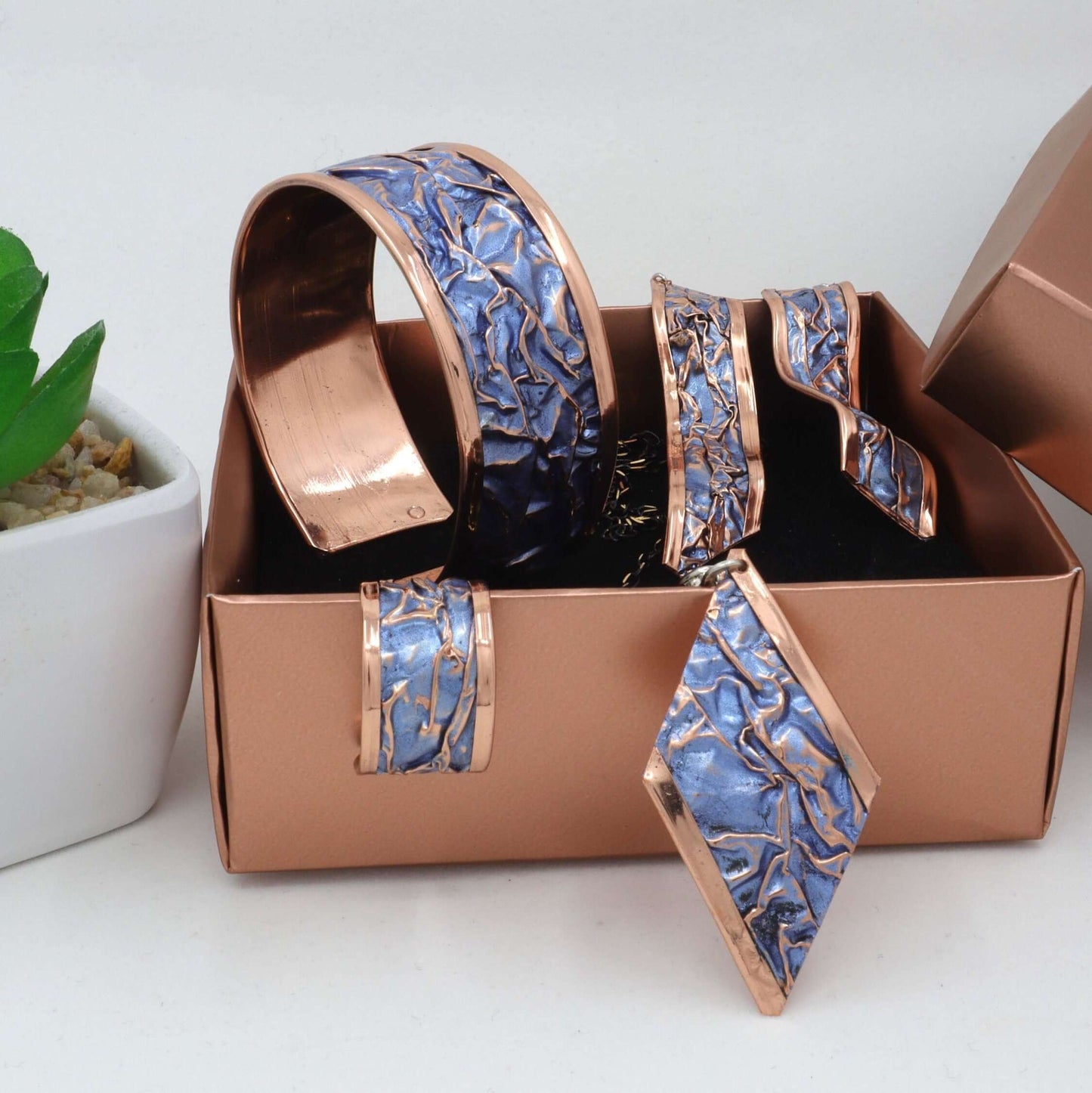 Blue Wrinkled Copper Jewelry Set Jewellery Bracelet Ring Earrings Necklace