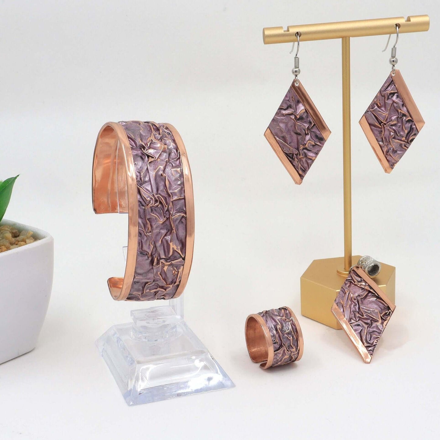 Pink Copper Wrinkled Necklace Earring Adjustable Ring Bracelet Set Christmast Birthday Anniversary Gift, Gift for her, Dangly Earring, Gift for Women