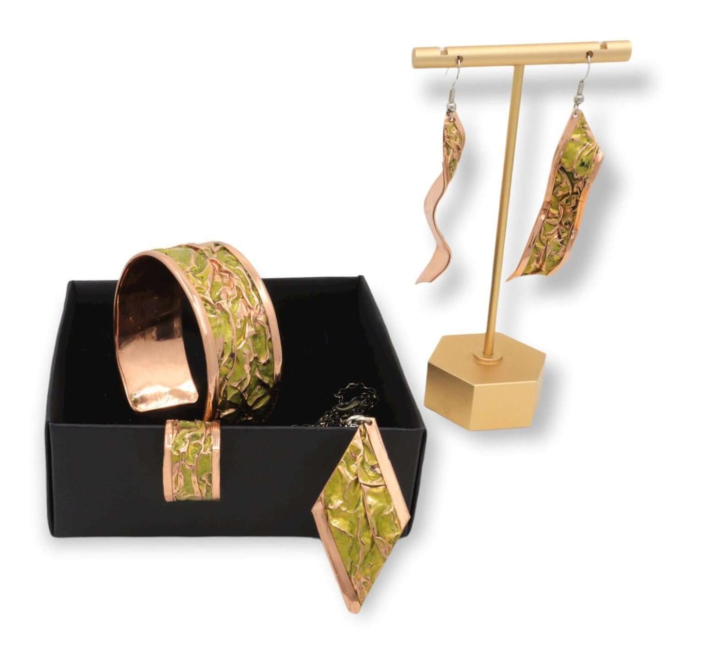 Yellow Copper Wrinkled Necklace Earring Adjustable Ring Bracelet Jewellery Set