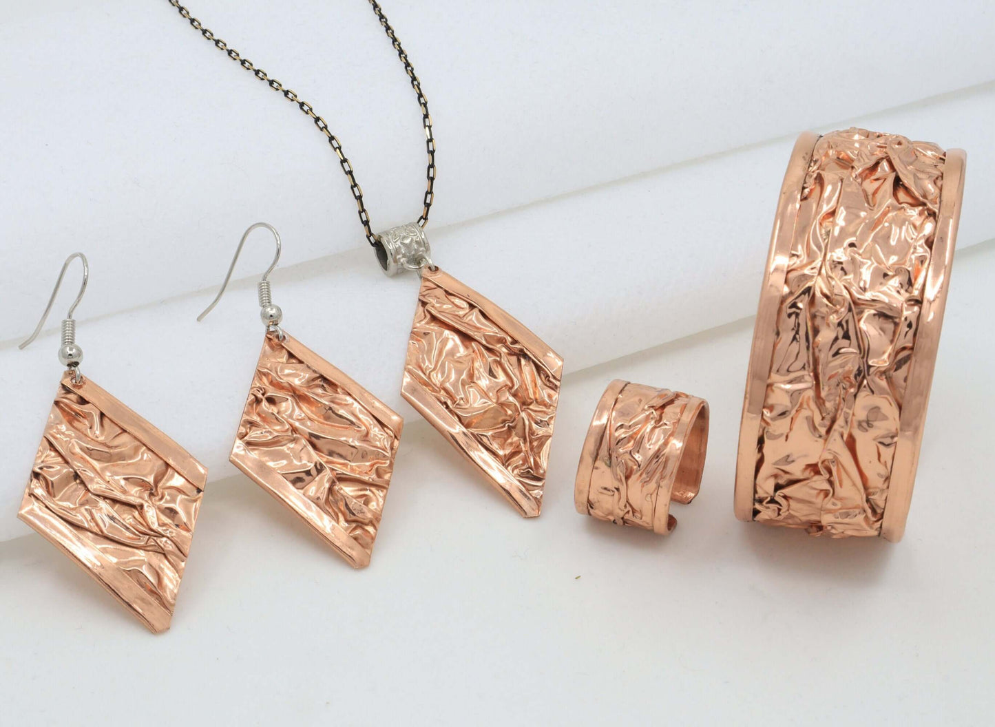 Copper Wrinkled Necklace Earring Adjustable Ring Bracelet Jewellery Set
