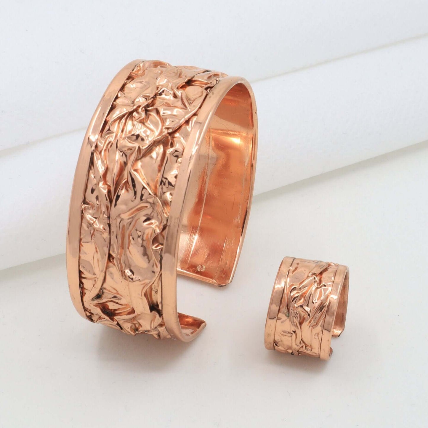 Copper Wrinkled Necklace Earring Adjustable Ring Bracelet Jewellery Set