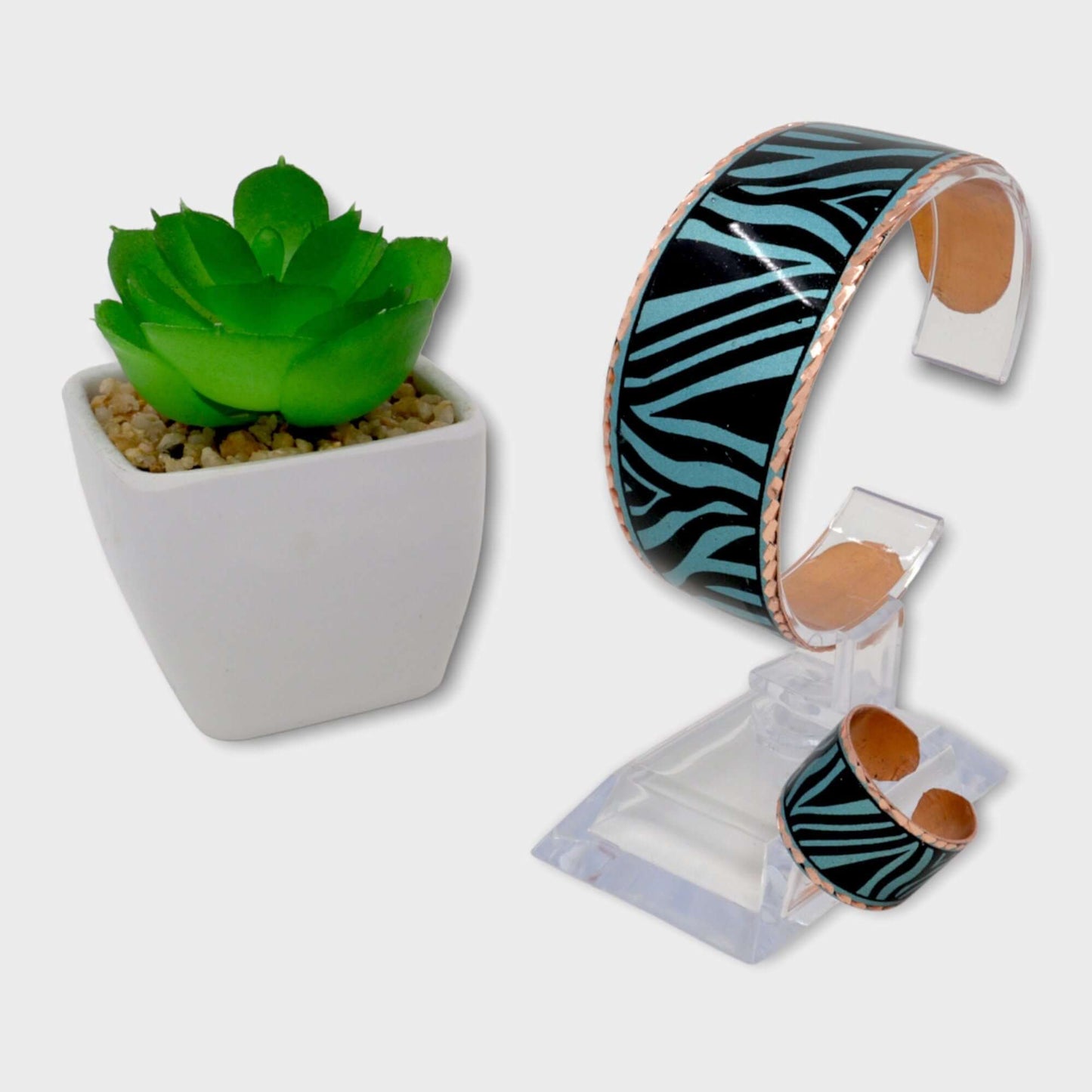 Turquoise Copper Adjustable Ring Bracelet Jewellery Set