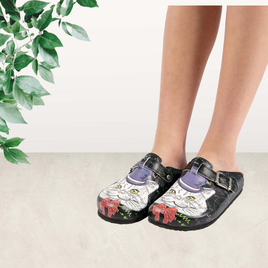 Professor Cat Cork Leather Clogs Slippers Mules Nursing Boston Clogs, Gift for Women and Men, Unisex, Super Comfy, Handmade, Low Heel