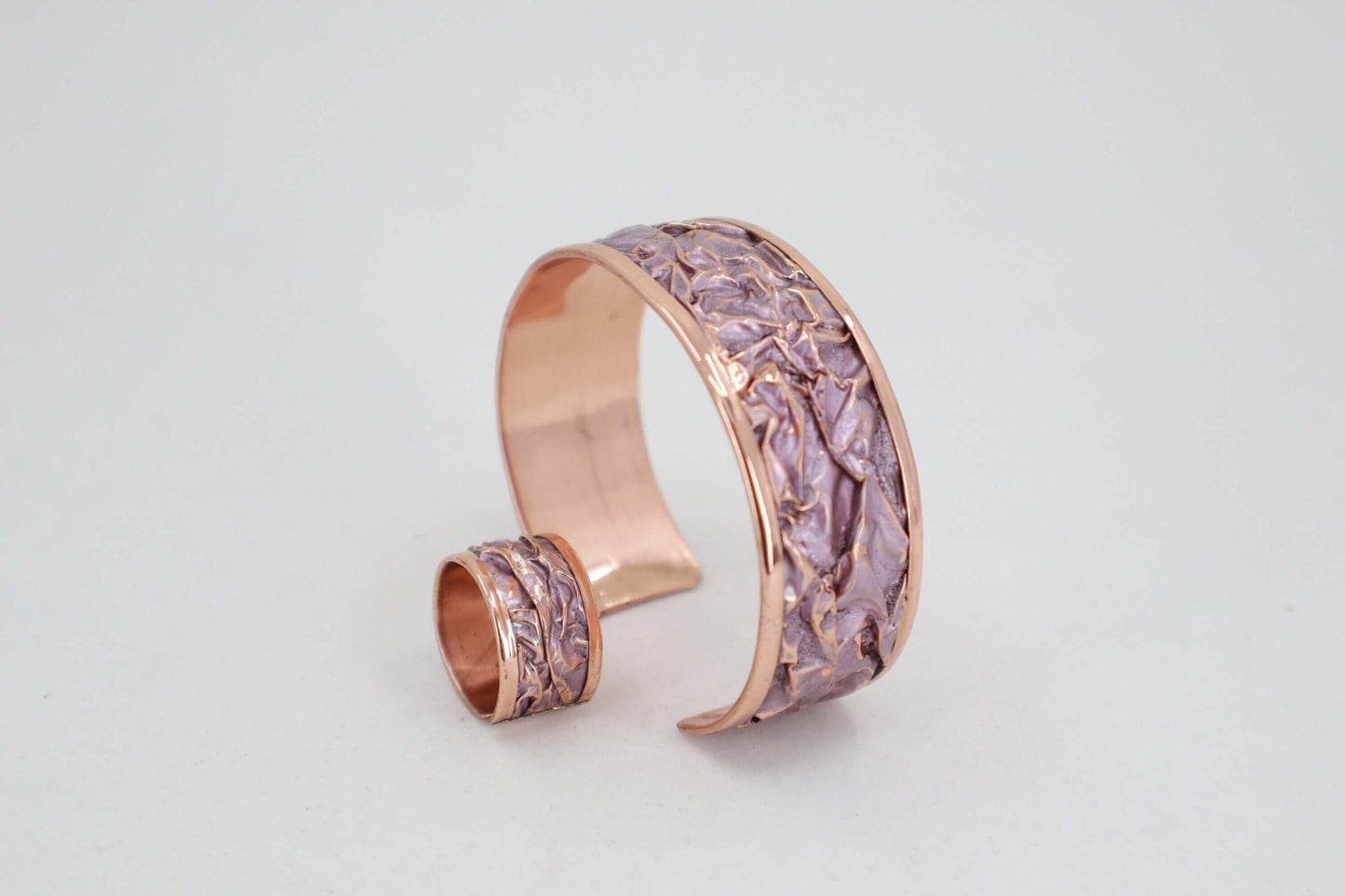 Pink Copper Wrinkled Necklace Earring Adjustable Ring Bracelet Set Christmast Birthday Anniversary Gift, Gift for her, Dangly Earring, Gift for Women