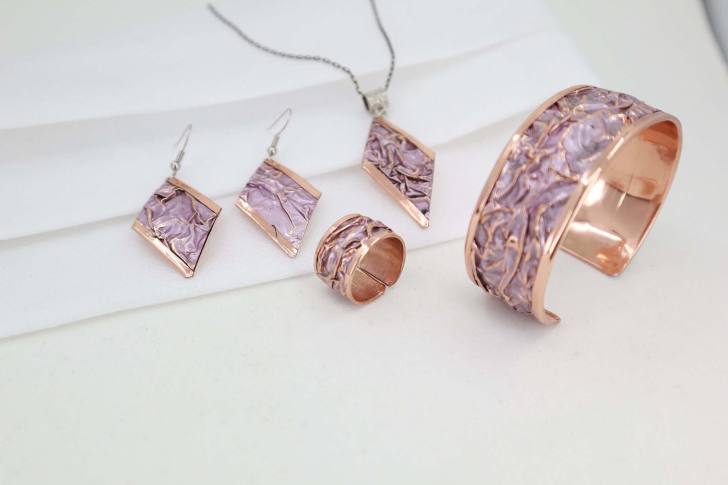 Pink Copper Wrinkled Necklace Earring Adjustable Ring Bracelet Set Christmast Birthday Anniversary Gift, Gift for her, Dangly Earring, Gift for Women