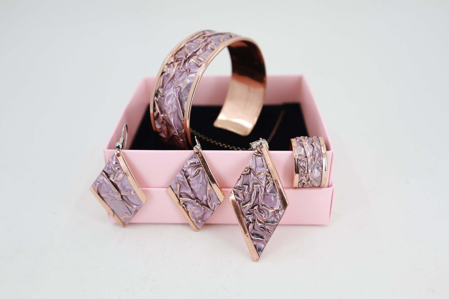 Pink Copper Wrinkled Necklace Earring Adjustable Ring Bracelet Set Christmast Birthday Anniversary Gift, Gift for her, Dangly Earring, Gift for Women