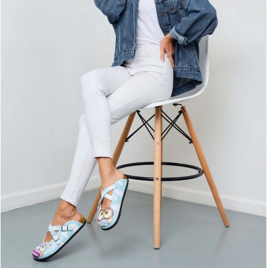 Blue Owl Handmade Leather Cross Band Cork Slipper Clogs Mules Boston Clogs, Gift for Women, Anti Slip Unisex, Super Comfy, Low Heel