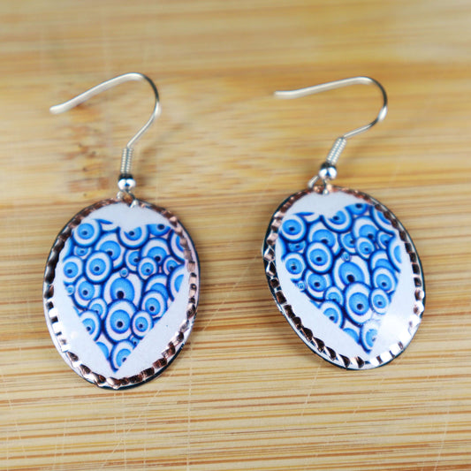 Blue White Heart Copper Circle Earring, Handmade Jewelry, Birthday, Anniversary Gift, Gift for her, Dangly Earring, Gift for Women