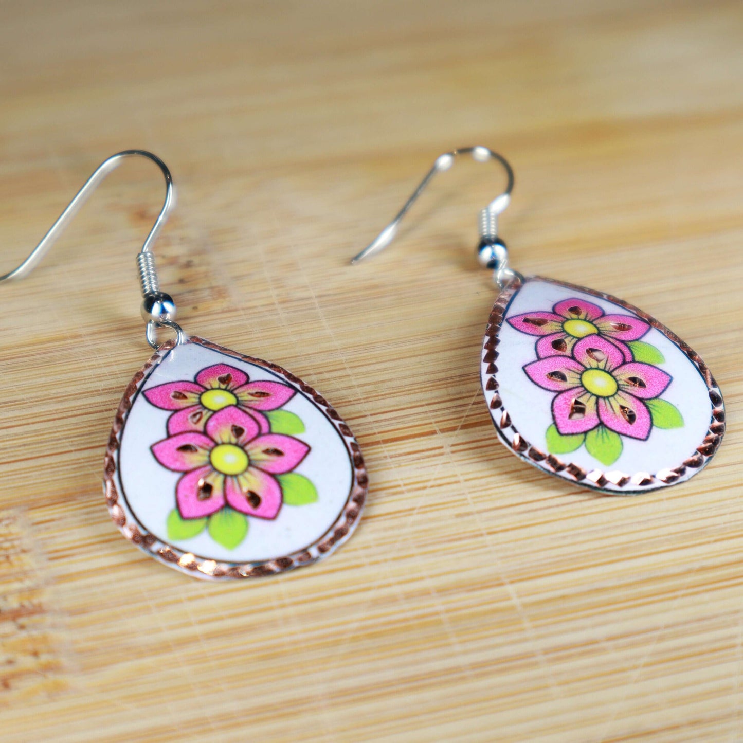 Pink Flower Copper Drop Shaped Earring Christmast Birthday Anniversary Gift, Gift for her, Dangly Earring, Gift for Women