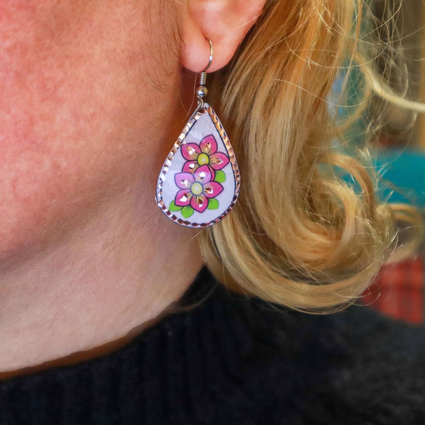 Pink Flower Copper Drop Shaped Earring Christmast Birthday Anniversary Gift, Gift for her, Dangly Earring, Gift for Women