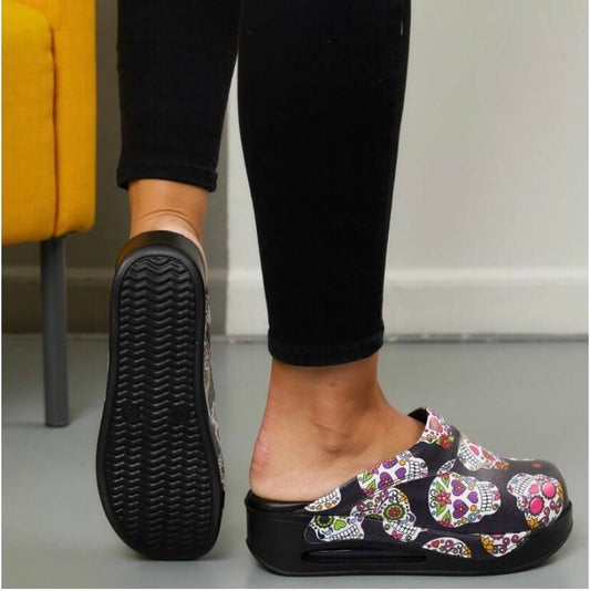 Skull Flower Leather Clogs / Slippers / Mules / Nursing Clogs Handmade, High Heel, Platform, Gift for Her, Gift for Women, Slip Resistant