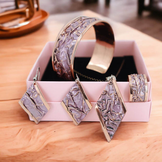 Pink Copper Wrinkled Necklace Earring Adjustable Ring Bracelet Set Christmast Birthday Anniversary Gift, Gift for her, Dangly Earring, Gift for Women