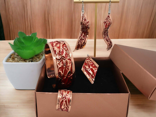 Red Patterned Copper Wrinkled Necklace Earring Adjustable Ring Bracelet Set