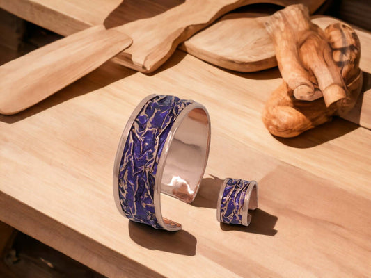 Purple Copper Wrinkled Necklace Earring Adjustable Ring Bracelet Set Jewellery