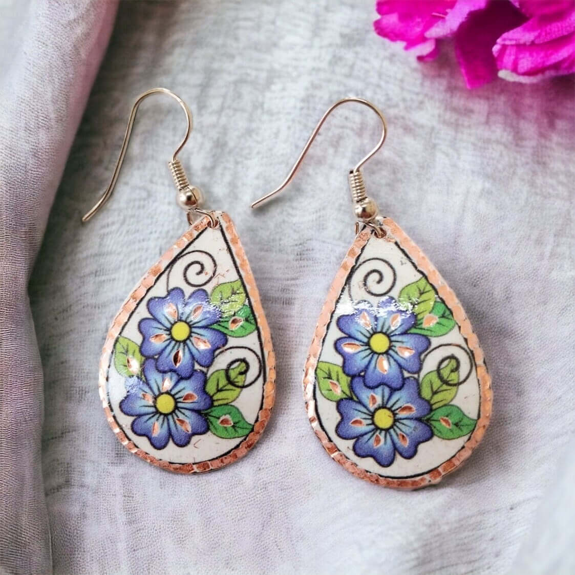 Drop Shaped Blue Flowers Copper Circle Earring Jewellery