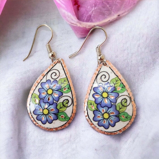 Drop Shaped Blue Flowers Copper Circle Earring Jewellery