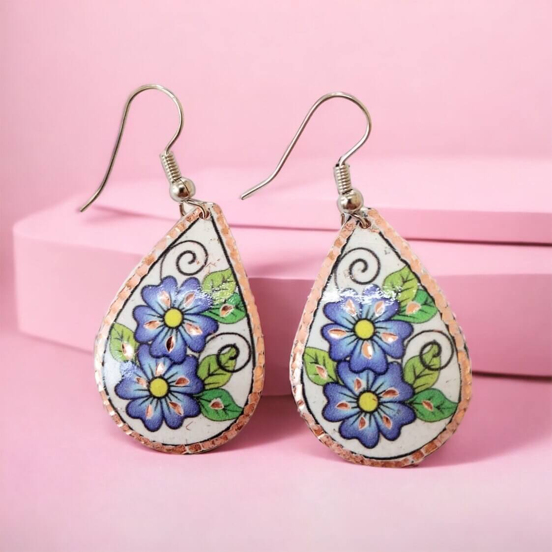 Drop Shaped Blue Flowers Copper Circle Earring Jewellery