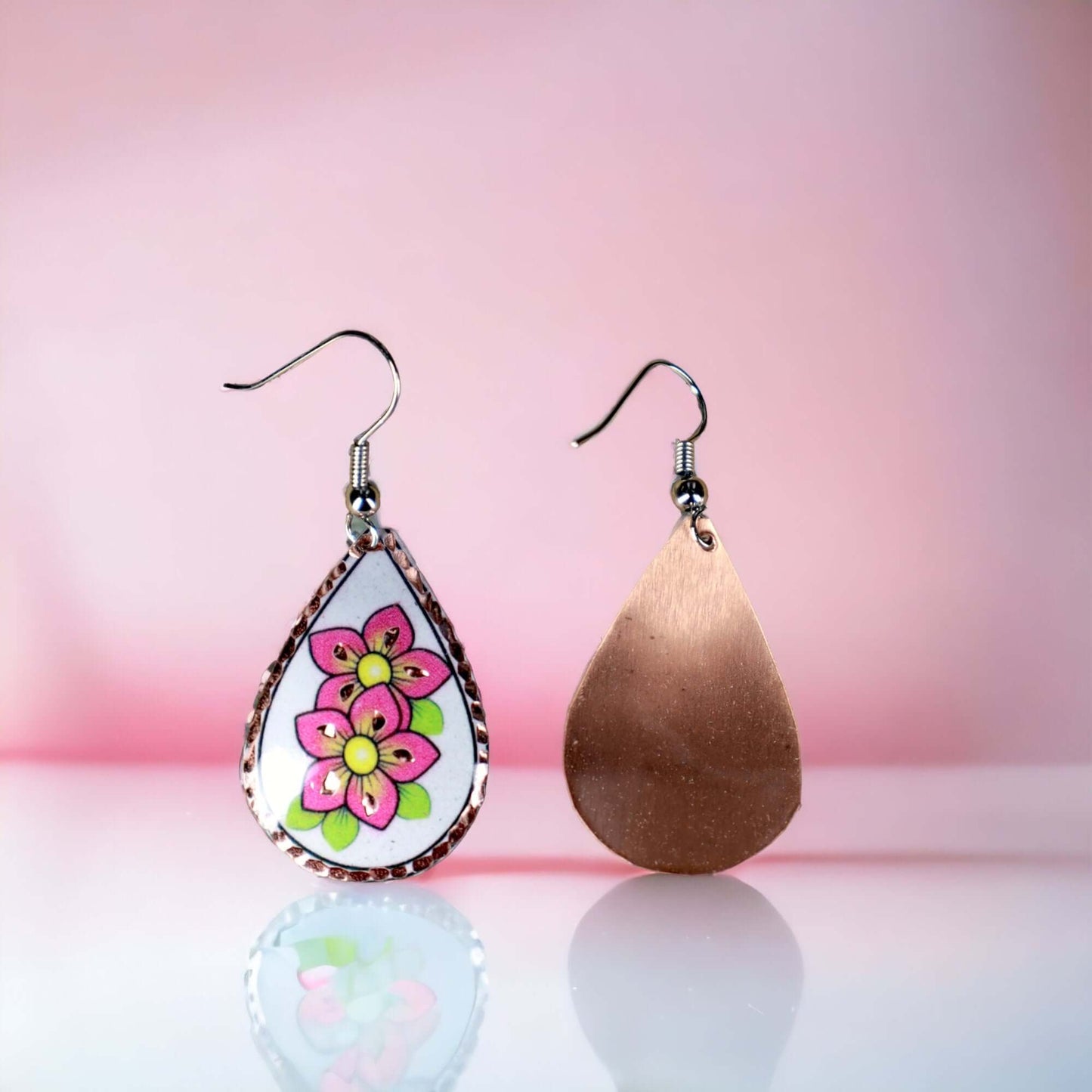 Pink Flower Copper Drop Shaped Earring Christmast Birthday Anniversary Gift, Gift for her, Dangly Earring, Gift for Women