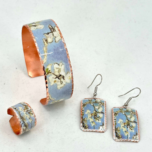 Van Gogh Almond Blossom Copper Adjustable Ring Earrings Bracelet Jewellery Set