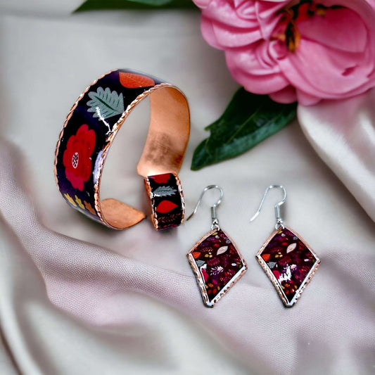 Purple Flowers Copper Adjustable Ring Bracelet Earrings Set Jewellery Anniversary Gift