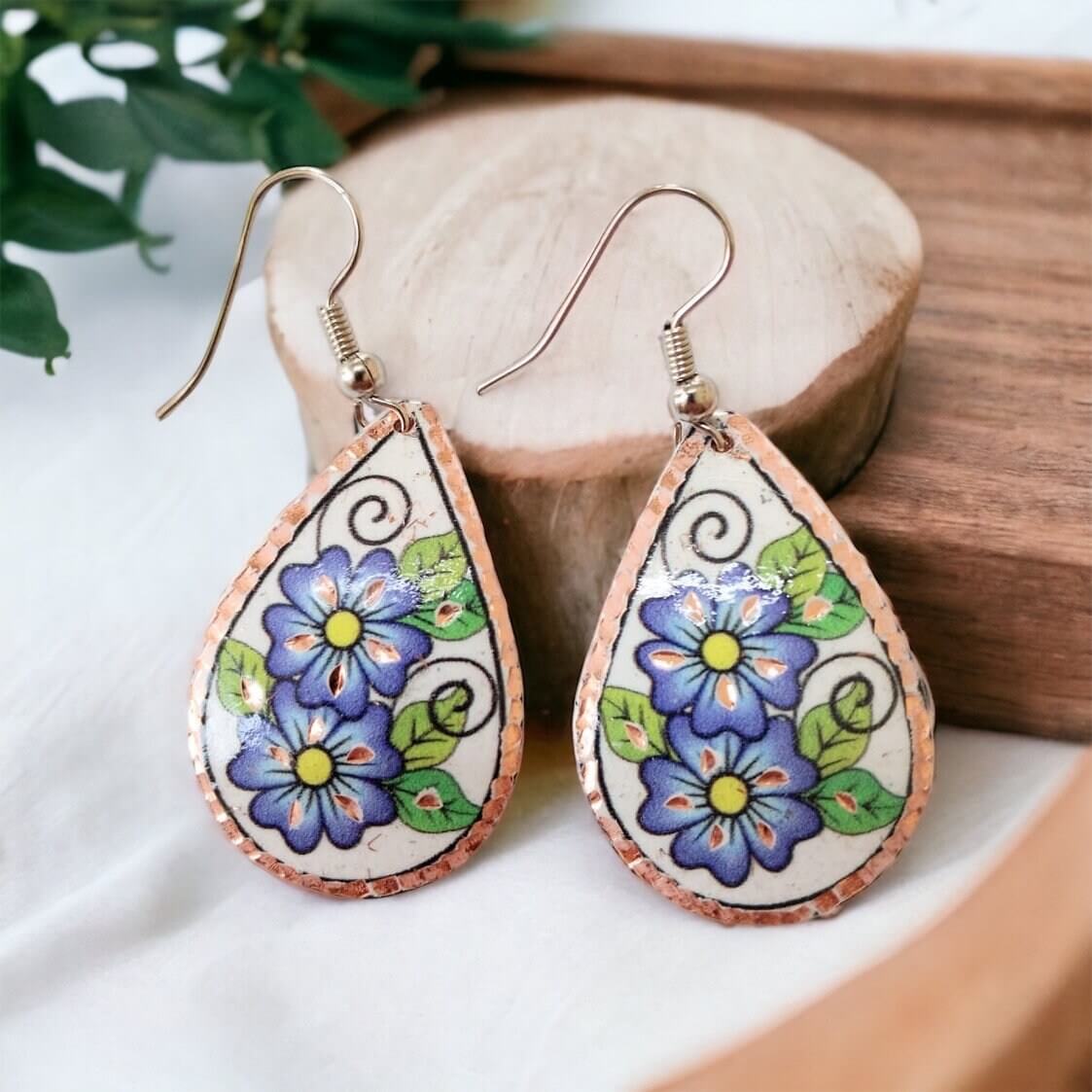 Drop Shaped Blue Flowers Copper Circle Earring Jewellery