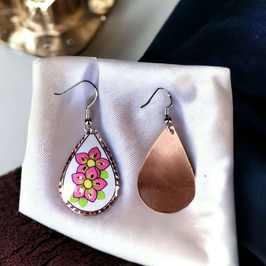 Pink Flower Copper Drop Shaped Earring Christmast Birthday Anniversary Gift, Gift for her, Dangly Earring, Gift for Women