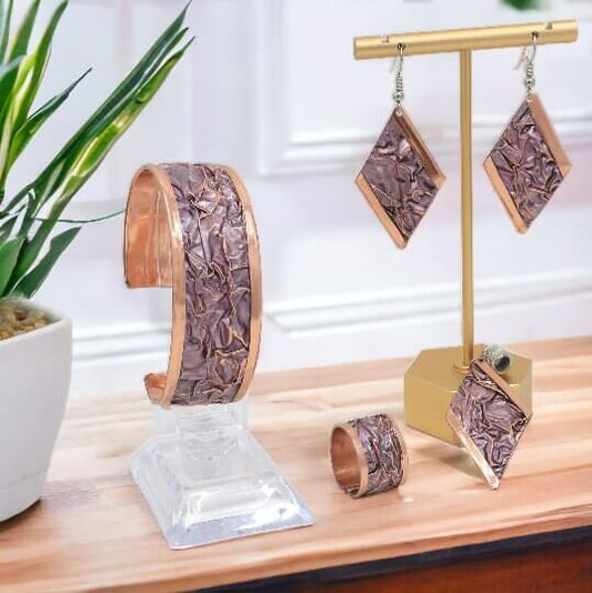 Pink Copper Wrinkled Necklace Earring Adjustable Ring Bracelet Set Christmast Birthday Anniversary Gift, Gift for her, Dangly Earring, Gift for Women