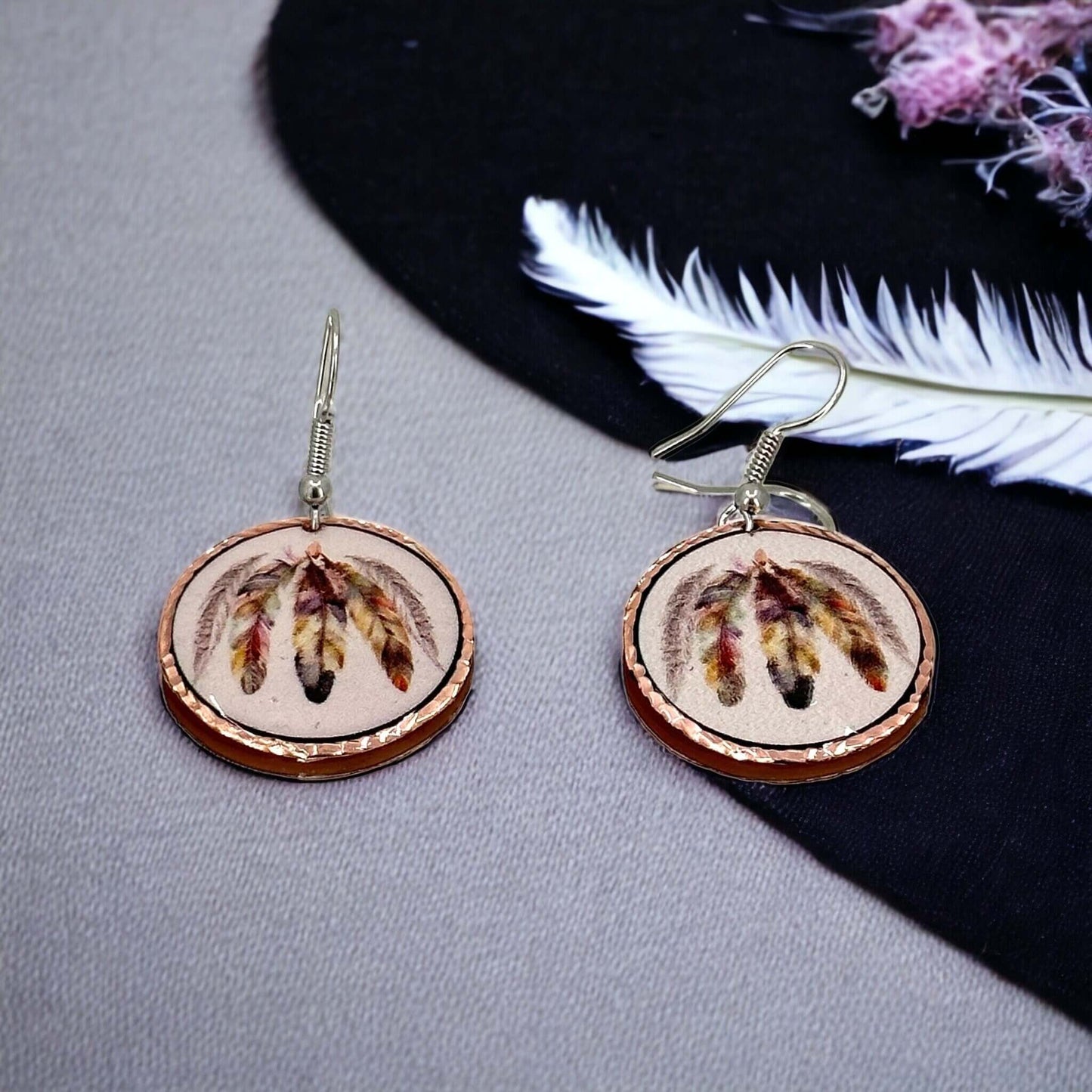 Feather Copper Adjustable Ring Bracelet Earrings Jewellery Set