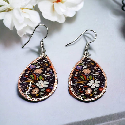 Purple White Flowers Copper Adjustable Ring Bracelet Earrings Set