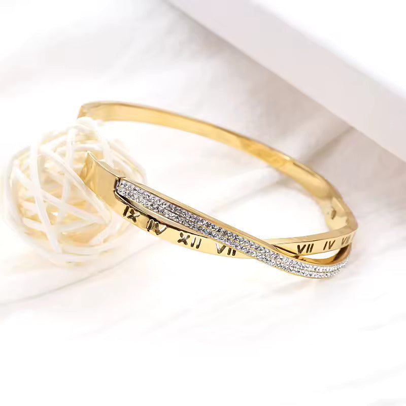 Roman Numeral Zircon Bracelet – Stainless Steel Jewelry for Women, Elegant and Durable Bangle
