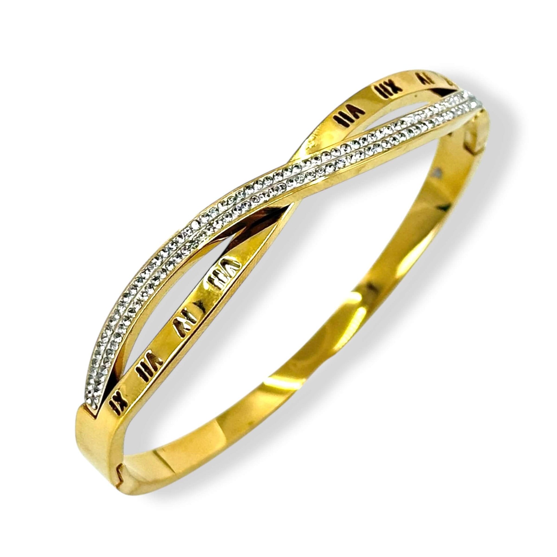 Gold Roman Numeral Zircon Bracelet – Stainless Steel Jewelry for Women, Elegant and Durable Bangle