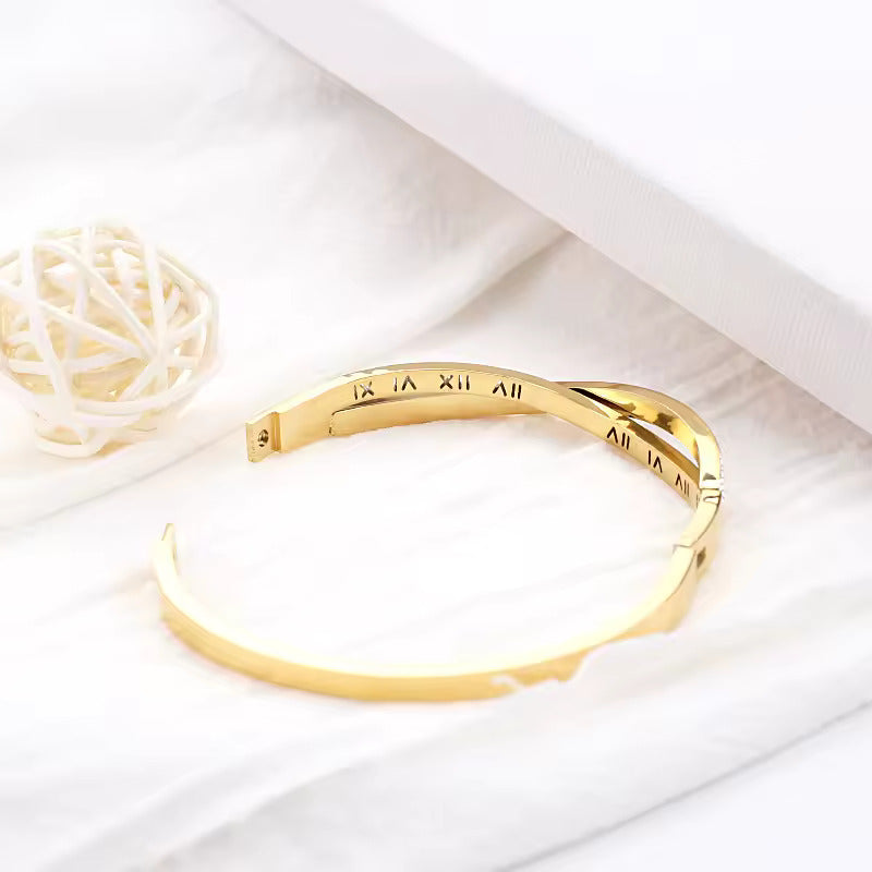 Roman Numeral Zircon Bracelet – Stainless Steel Jewelry for Women, Elegant and Durable Bangle