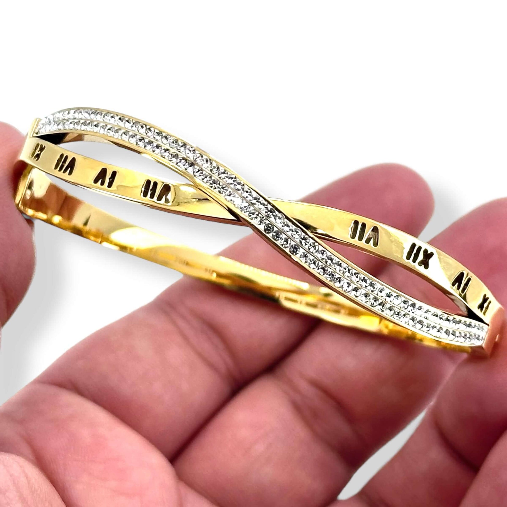 Gold Roman Numeral Zircon Bracelet – Stainless Steel Jewelry for Women, Elegant and Durable Bangle