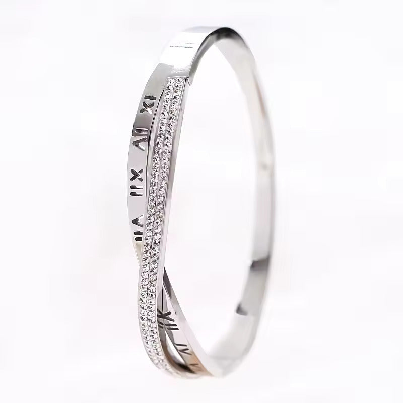 Roman Numeral Zircon Bracelet – Stainless Steel Jewelry for Women, Elegant and Durable Bangle